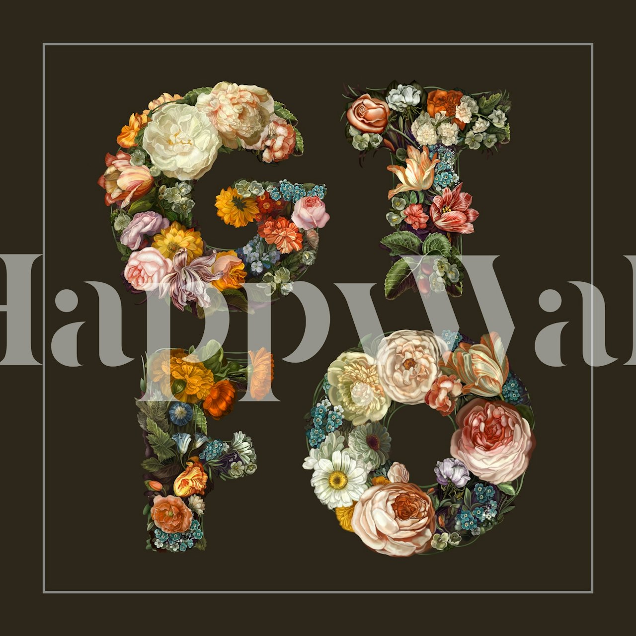 Floral letter design with colorful flowers on dark background wallpaper