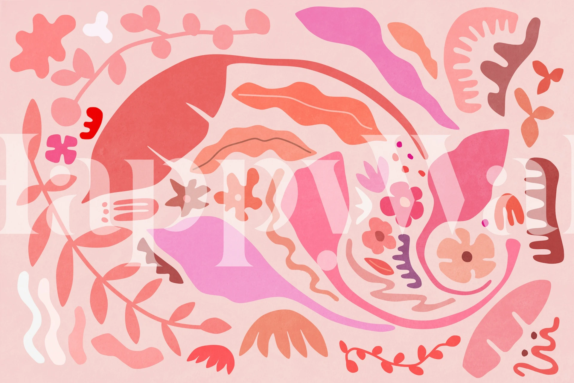 Colorful botanical leaves and flowers in pink hues wallpaper