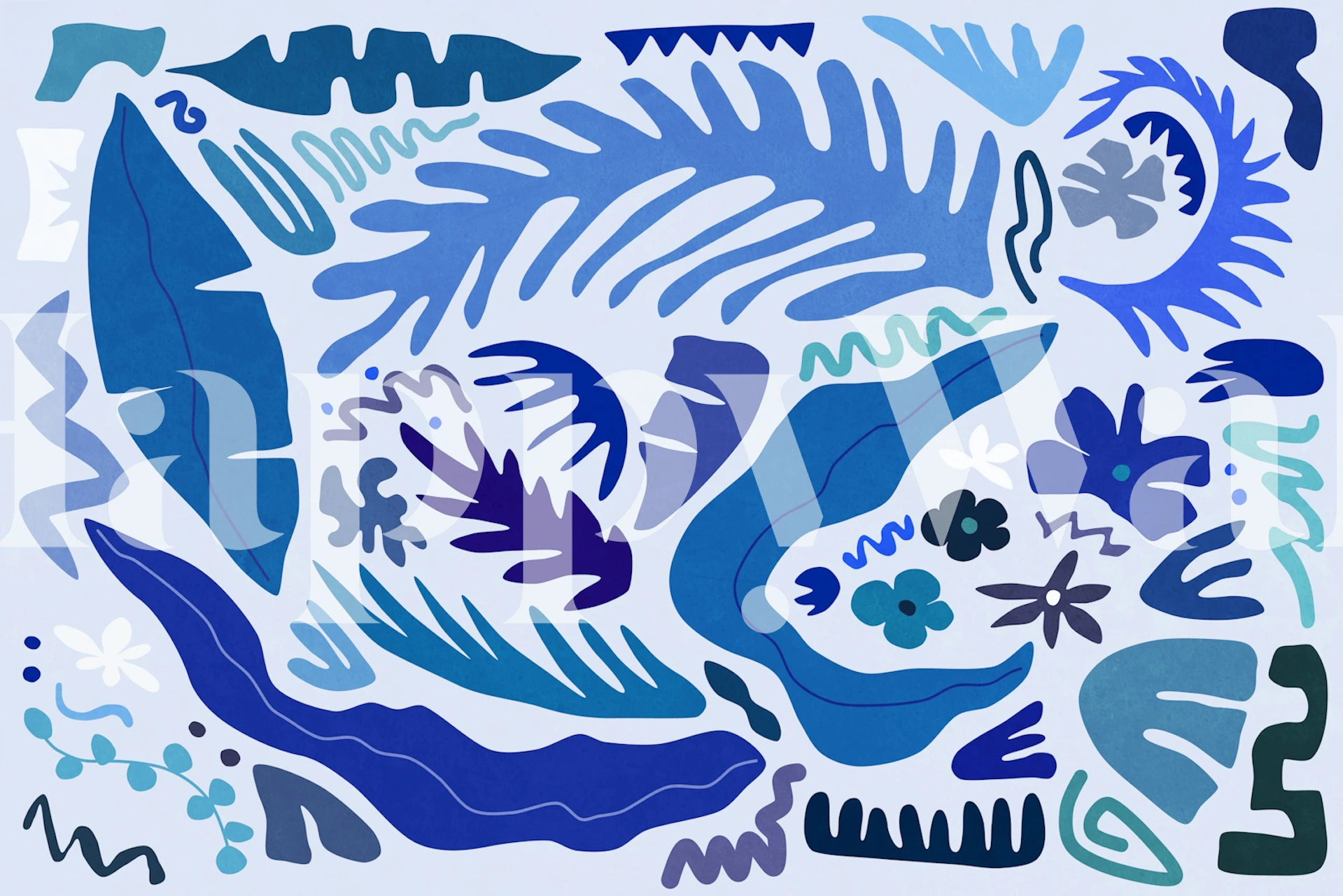 Blue botanical wallpaper in a room