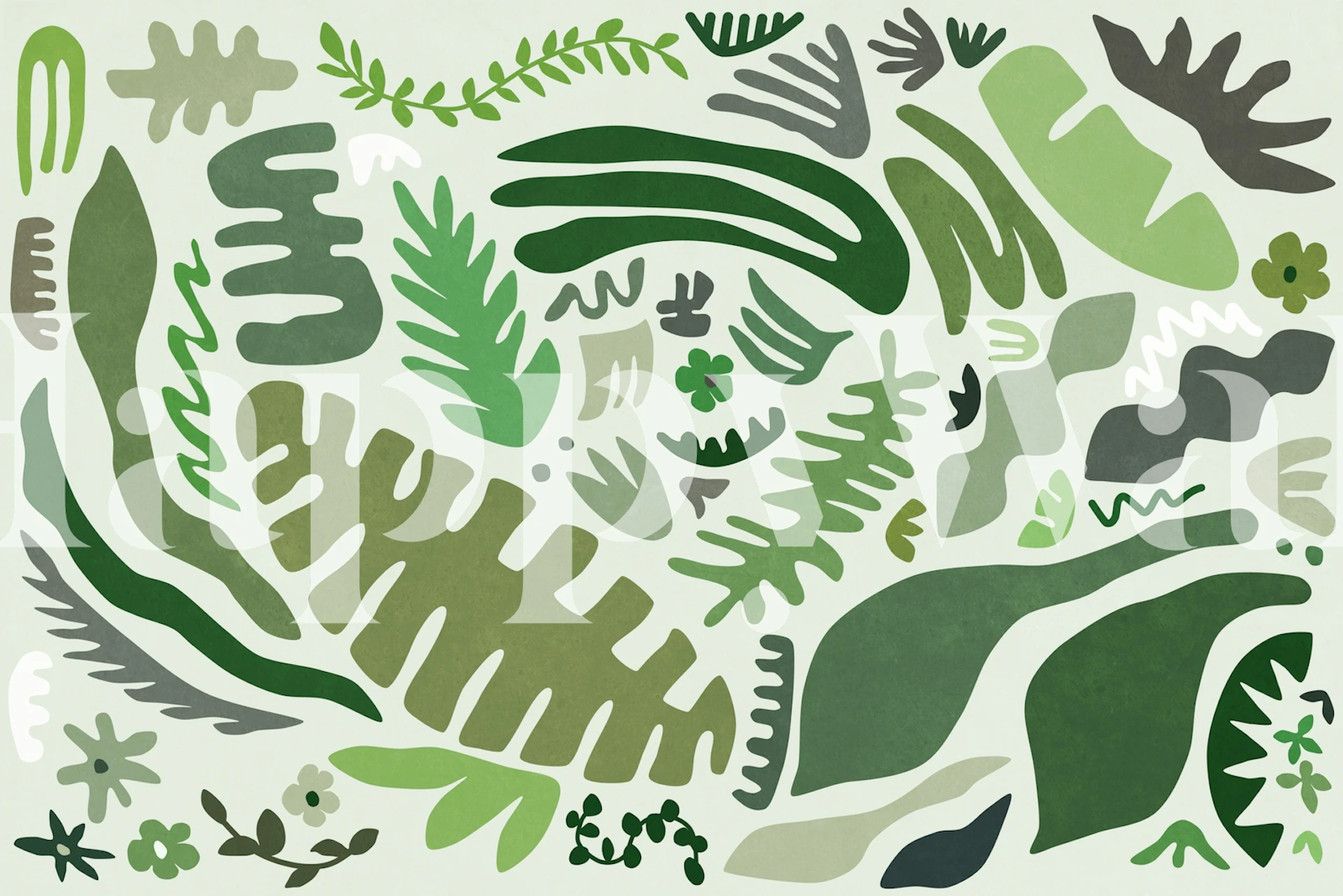 Various green botanical leaves on light background wallpaper