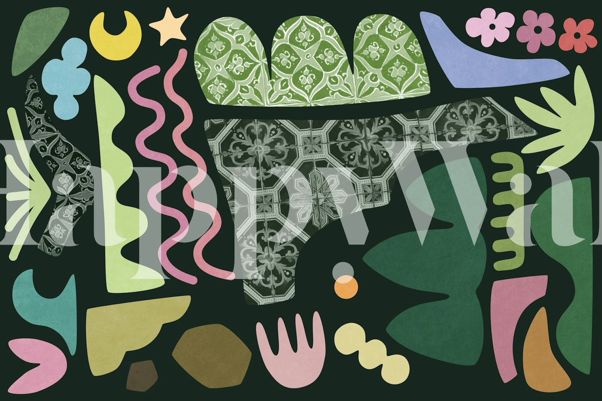 Colorful abstract shapes and patterns in green, pink, blue, and yellow wallpaper