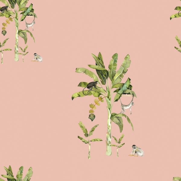Monkeys Among Palm Trees on Soft Pink
