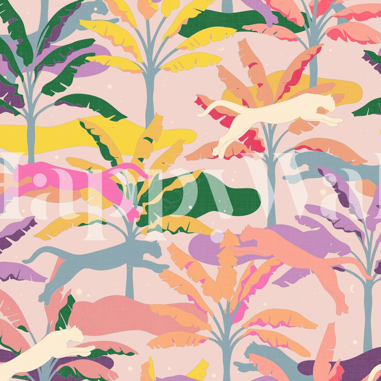 Vibrant wallpaper featuring tropical cats and palms
