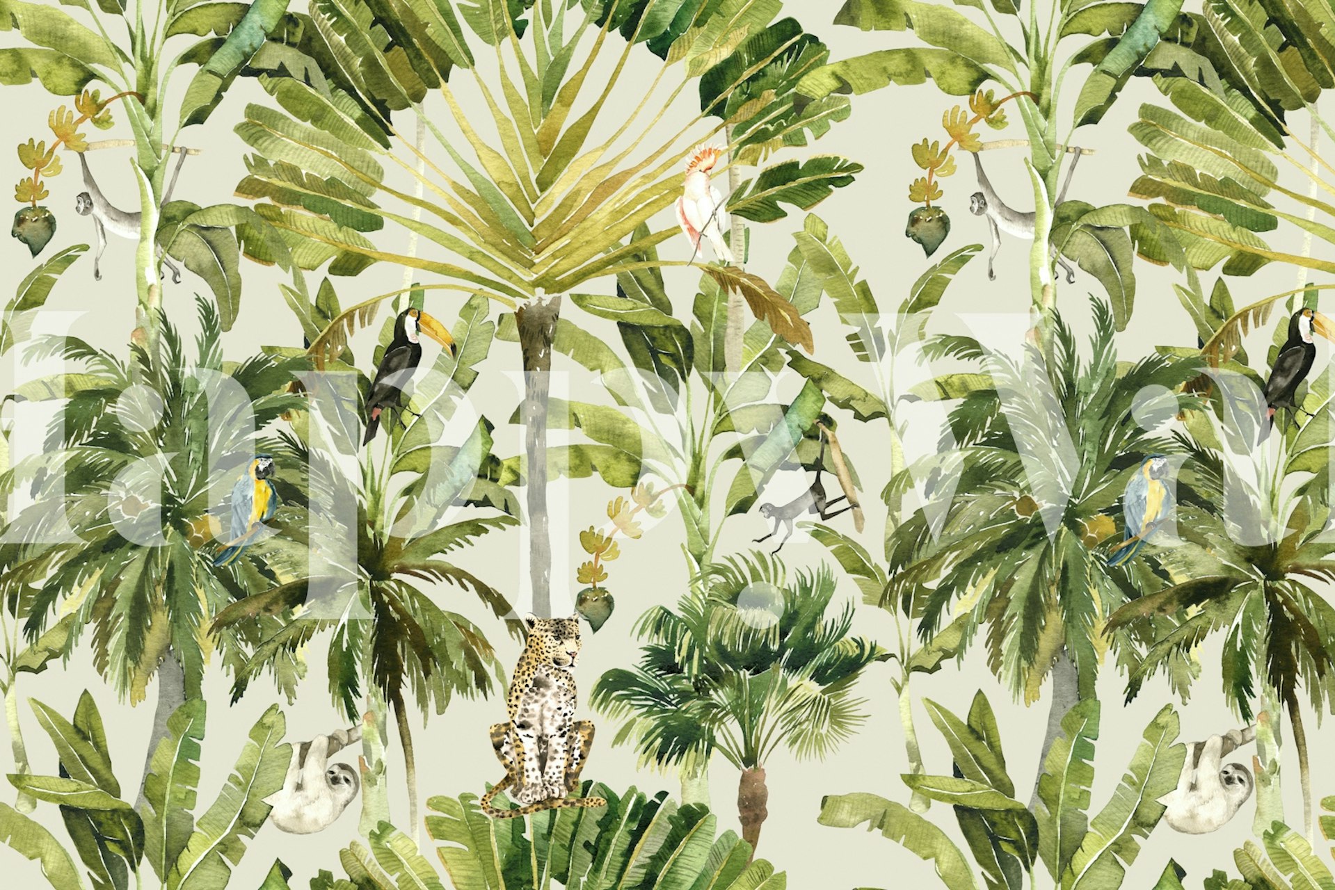 Tropical palm leaves, monkeys, and parrots in green tones wallpaper