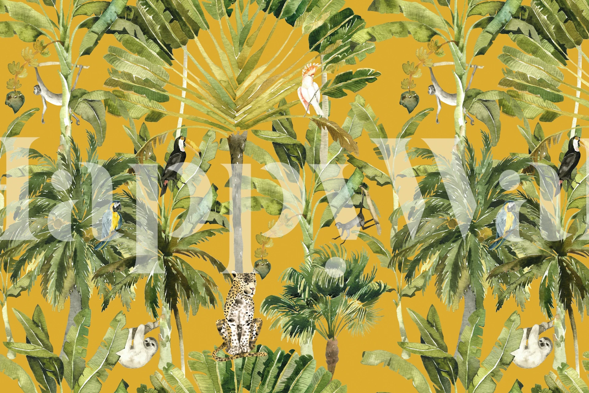 Rainforest wallpaper med leoparder og papegøjer