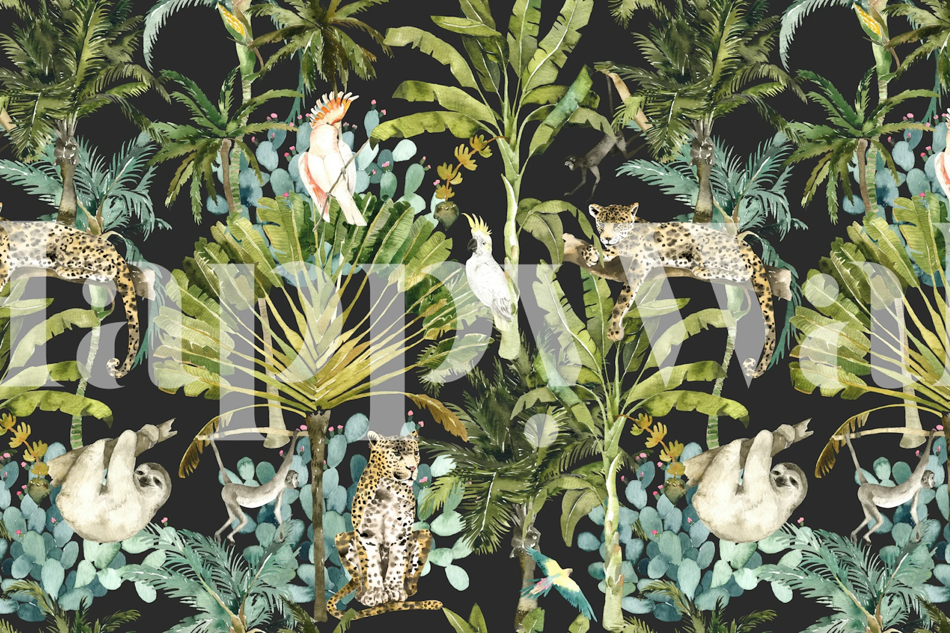 Tapeta akwarela dżungla z Watercolor Rainforest – Leopards & Monkeys