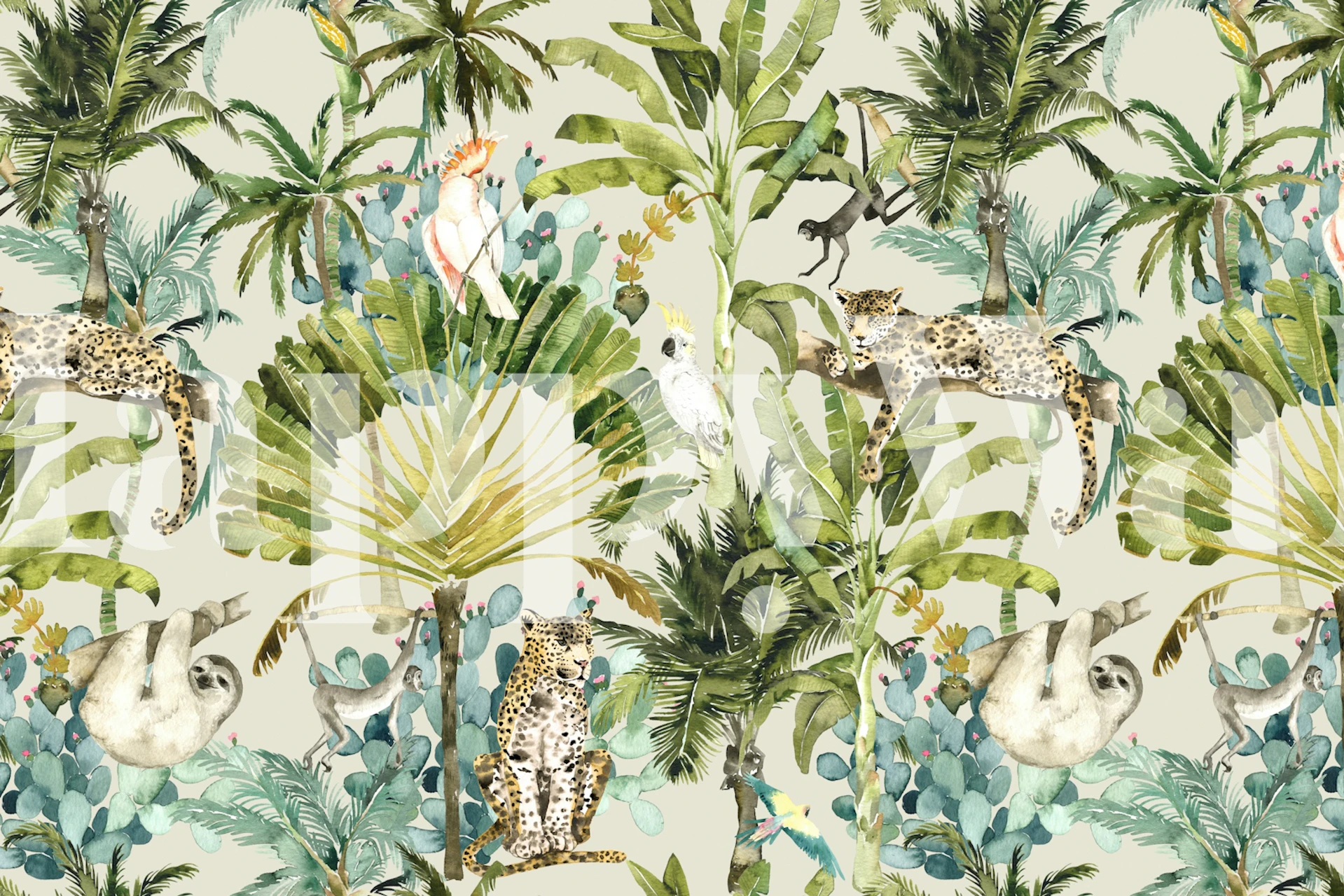 Dense Tropical Forest-tapet med leoparder og fugle