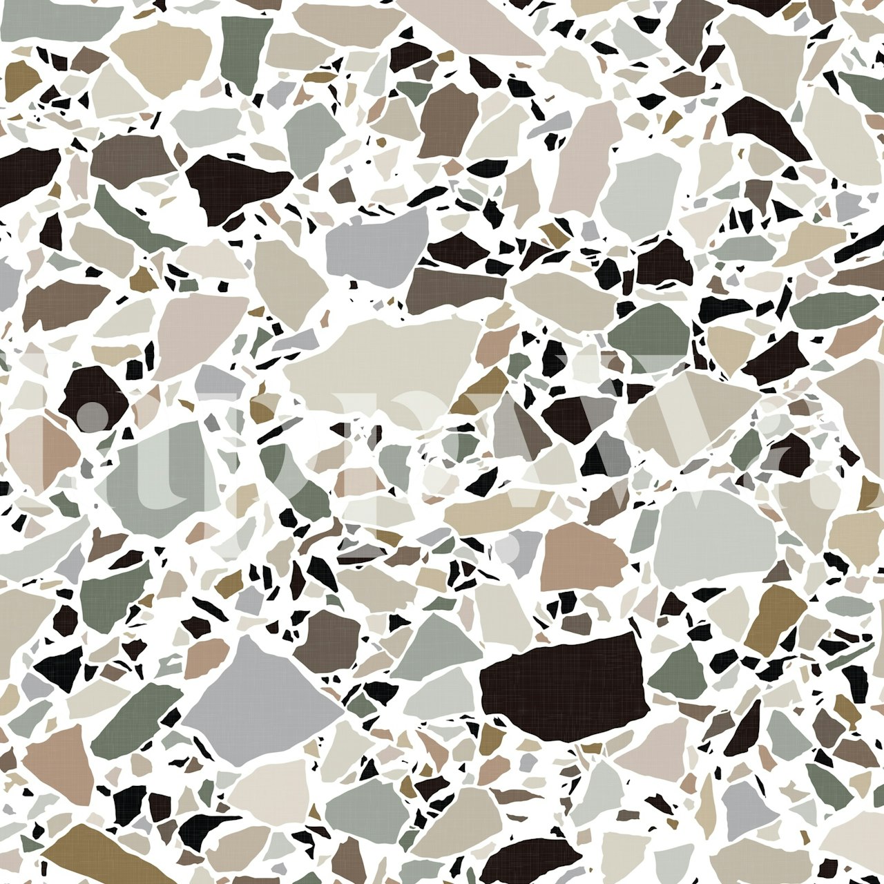 Neutral terrazzo wallpaper with beige, gray, and brown shapes in abstract pattern