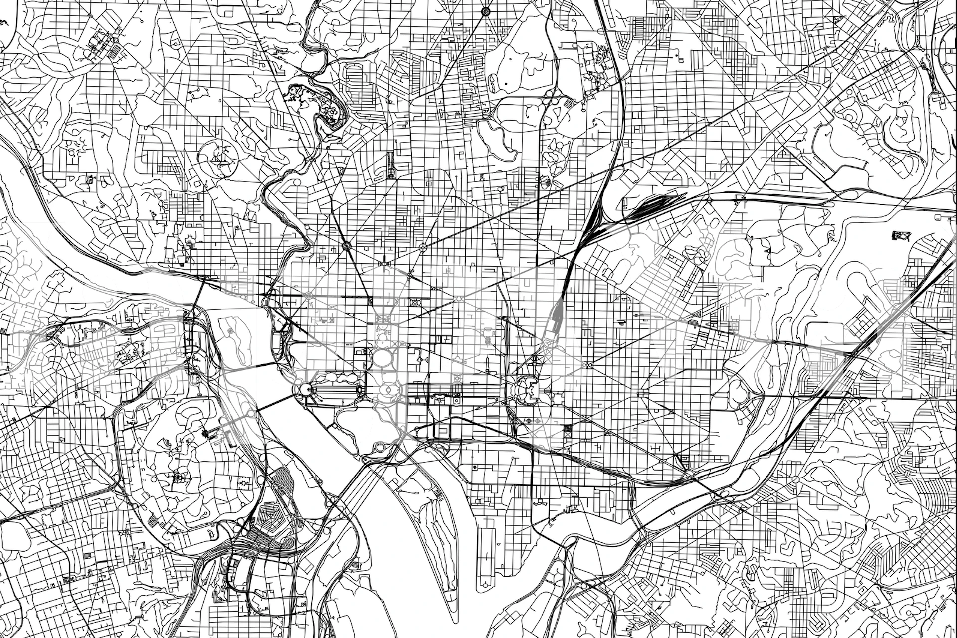 Black and white Washington DC map wallpaper with urban patterns.