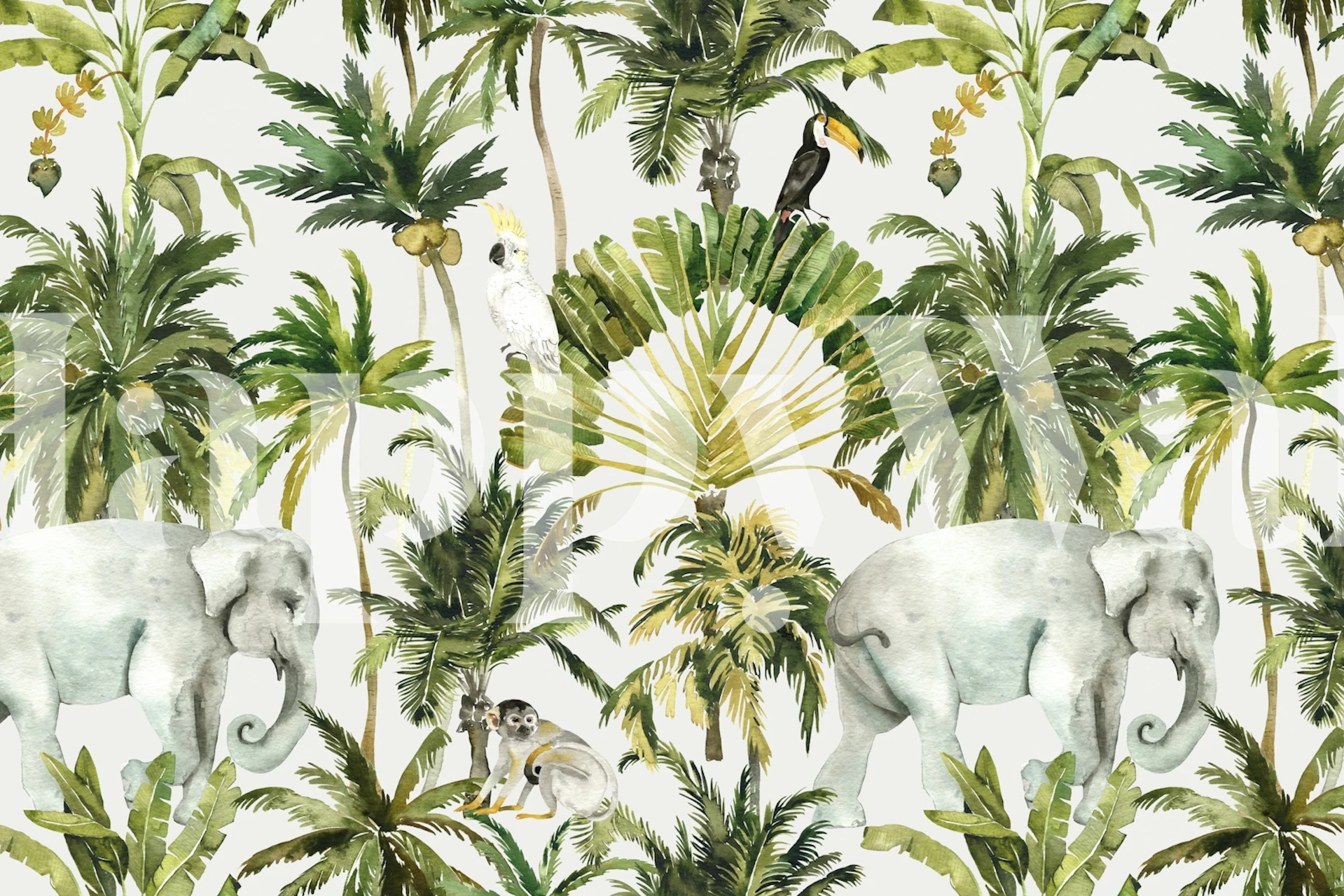 Lush Rainforest wallpaper design with elephants and monkeys