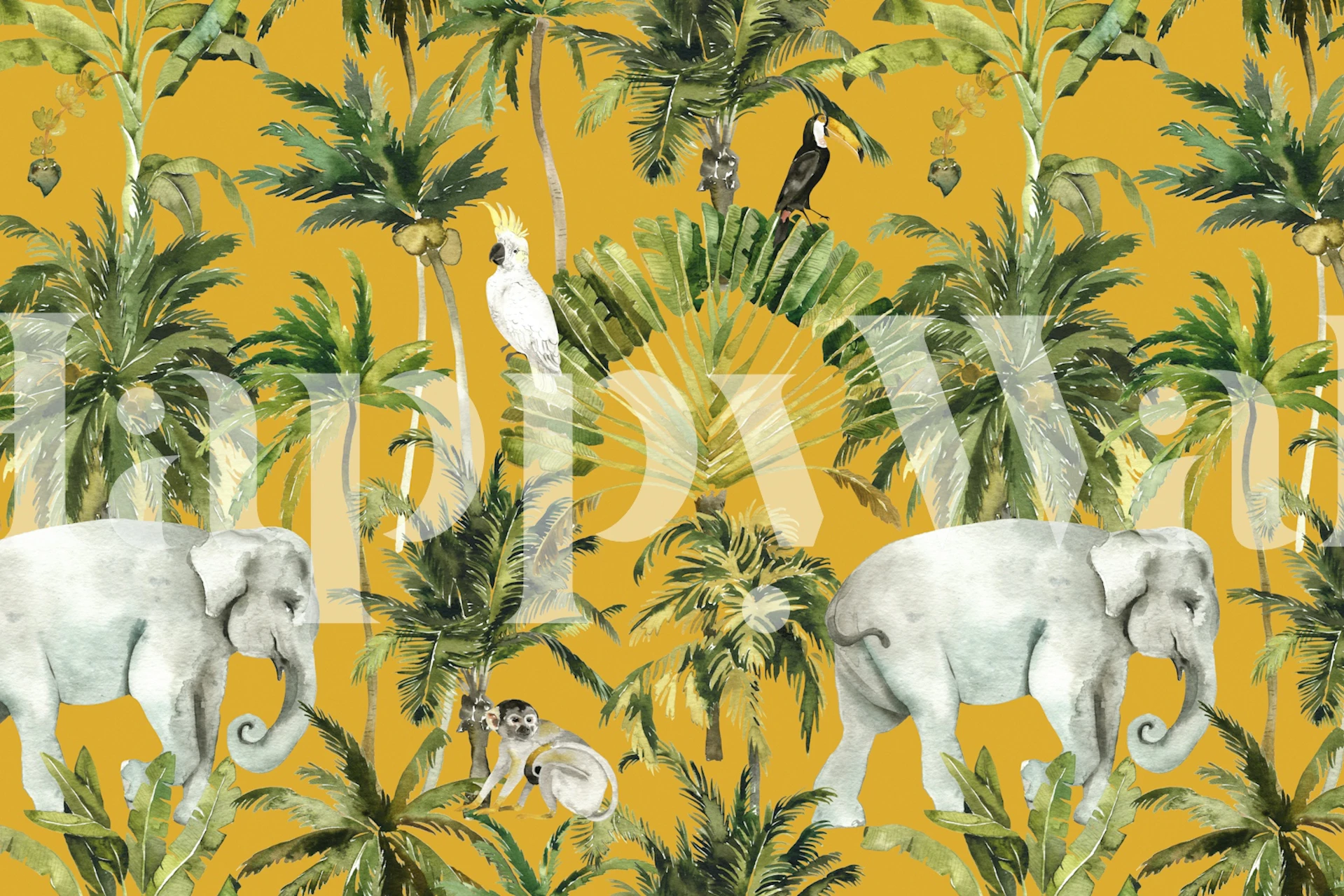 Tropisch bosbehang met Dense Tropical Forest – Elephants & Cockatoo