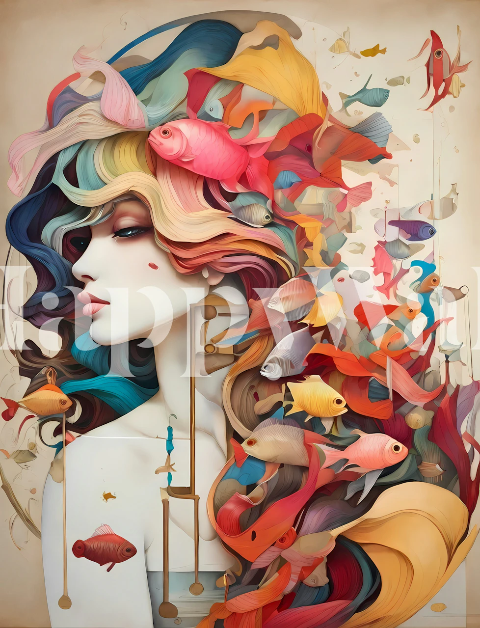 Colorful fish swimming in long hair of a woman artwork wallpaper