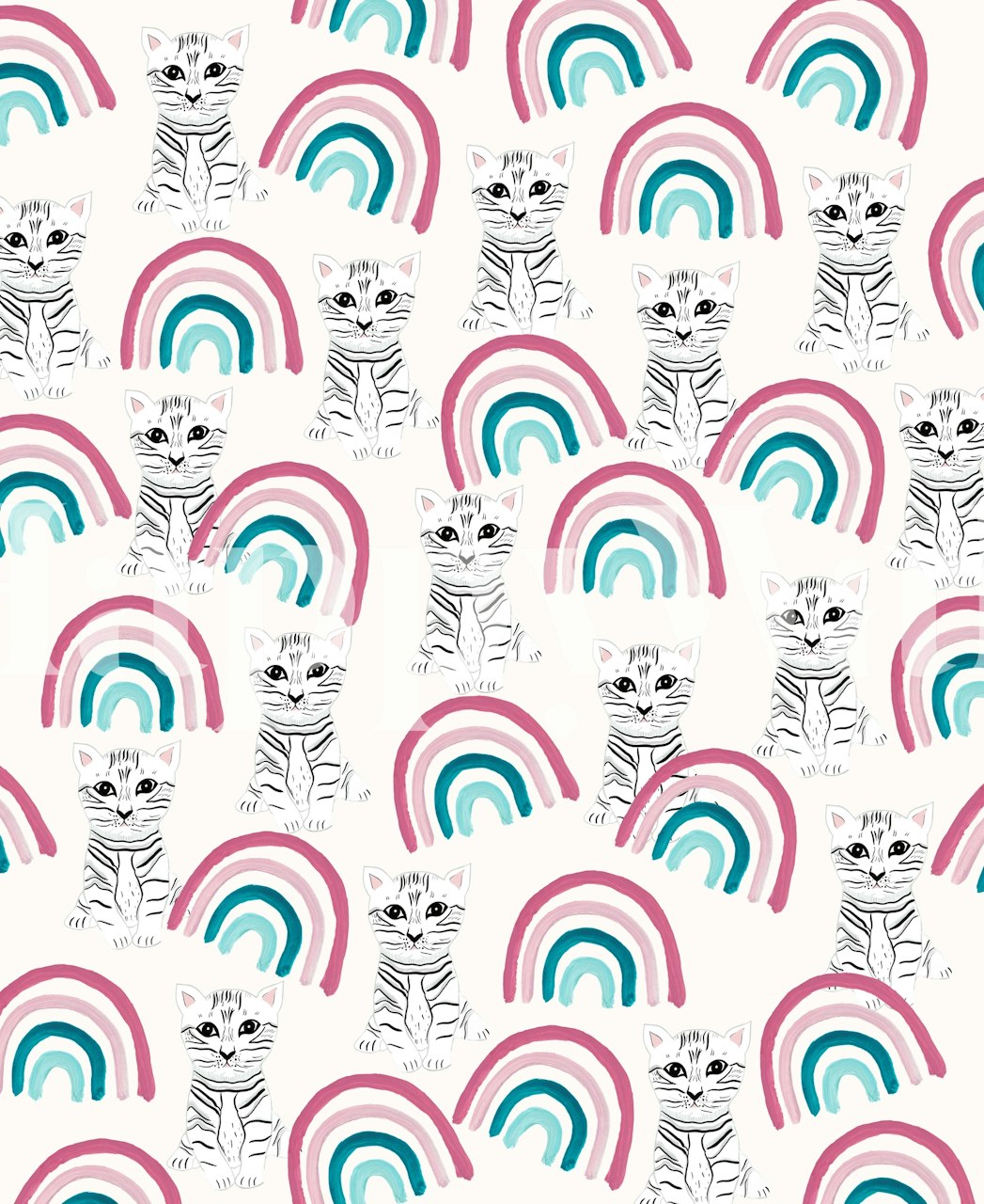 Gatinhos brincalhões e papel de parede de padrões coloridos de arco-íris