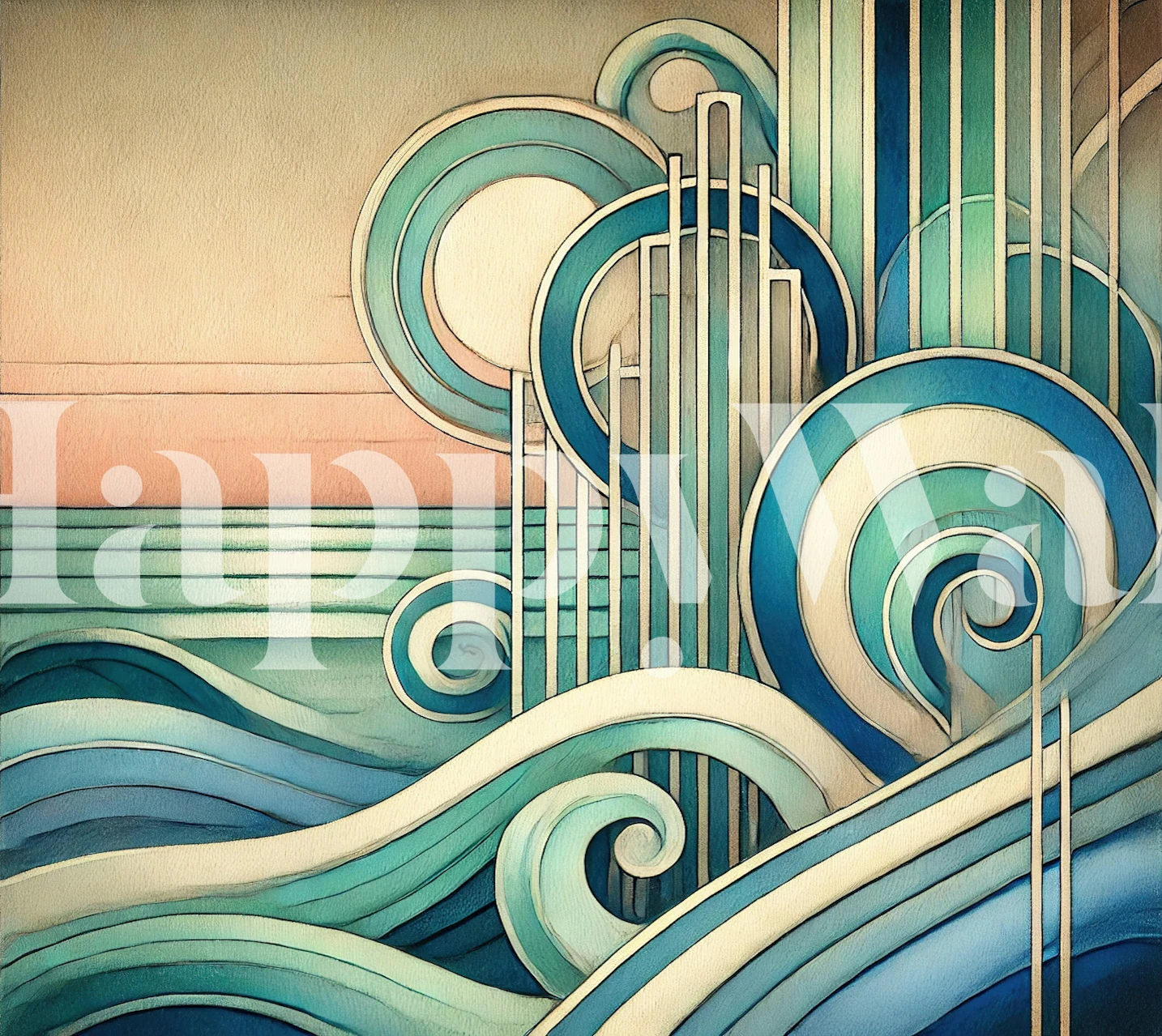 Art Deco Ocean Waves wallpaper in a room