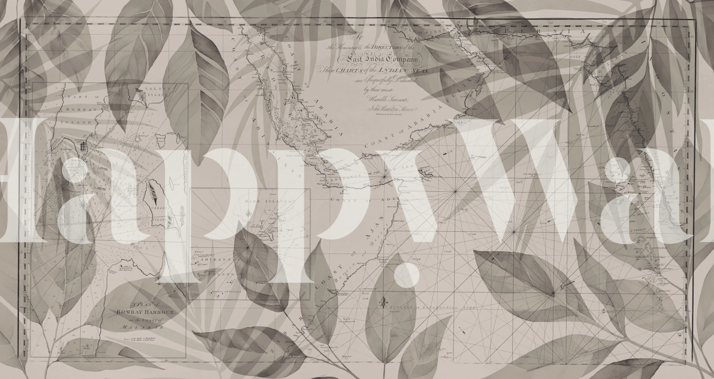 Vintage map with floral leaf overlays in muted tones wallpaper