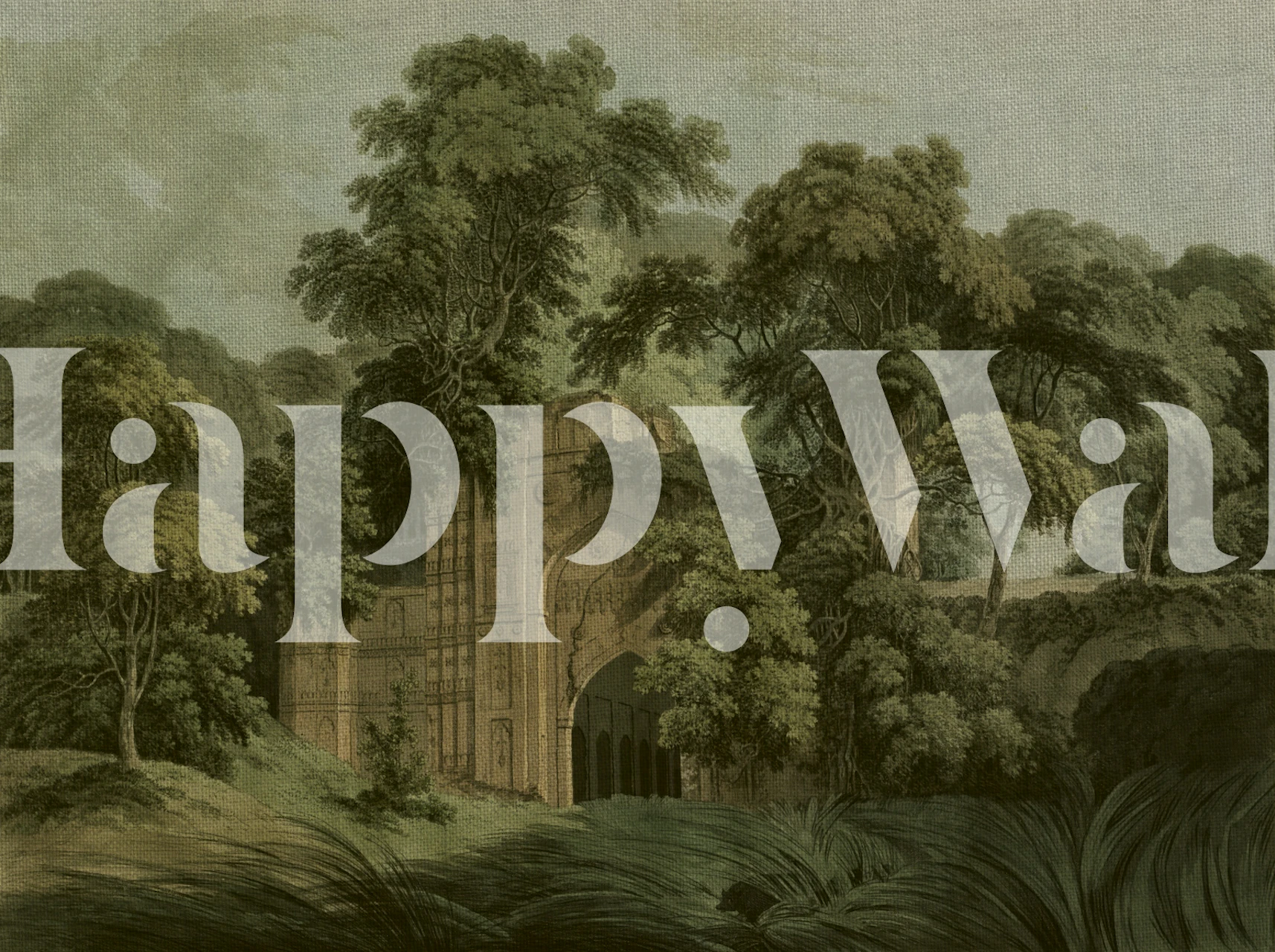 Emerald forest wallpaper with intricate trees and ruins