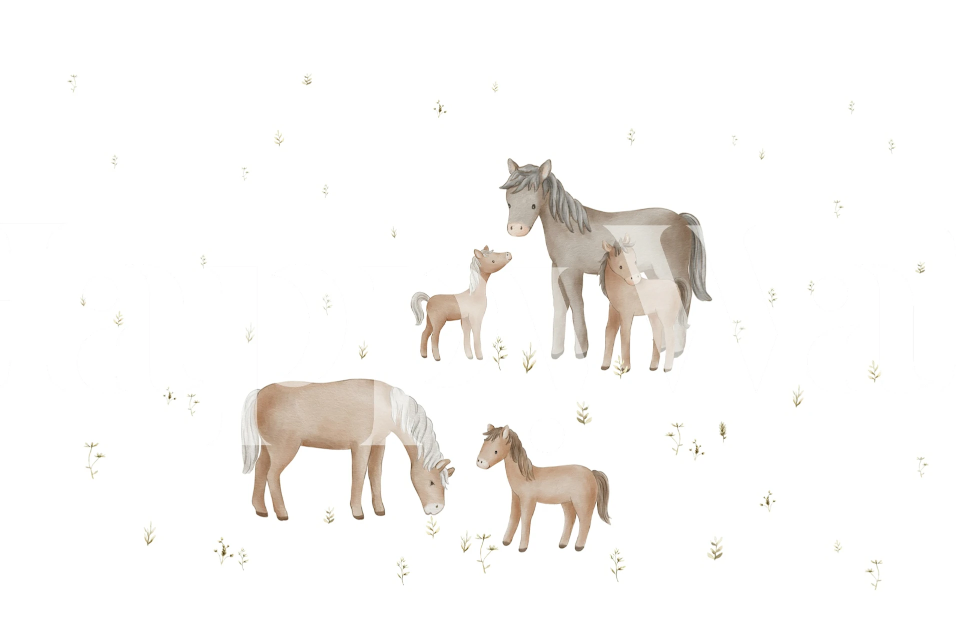 Horse family with foals on white background wallpaper