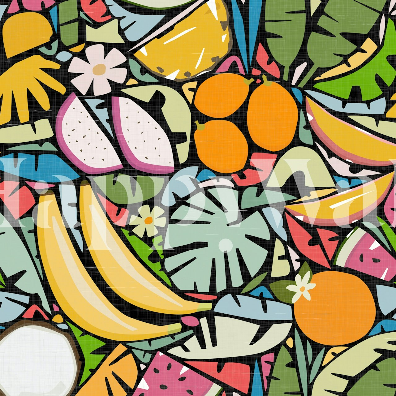 Tropical fruits and leaves in vibrant colors wallpaper