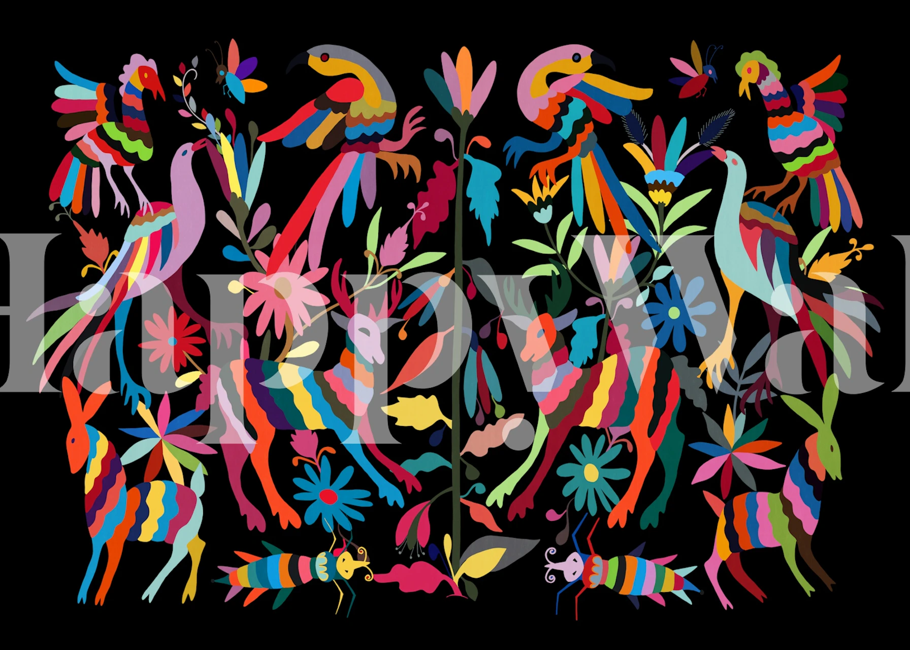 Colorful animals and floral patterns on black background wallpaper