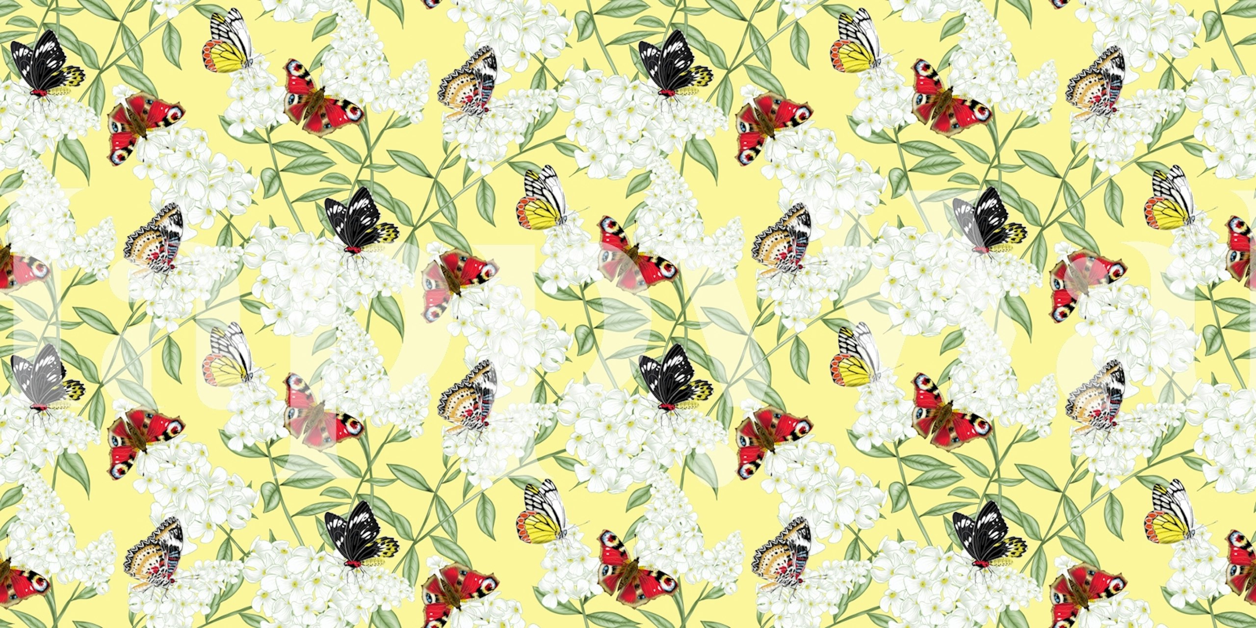 Butterfly and white floral pattern on yellow background wallpaper