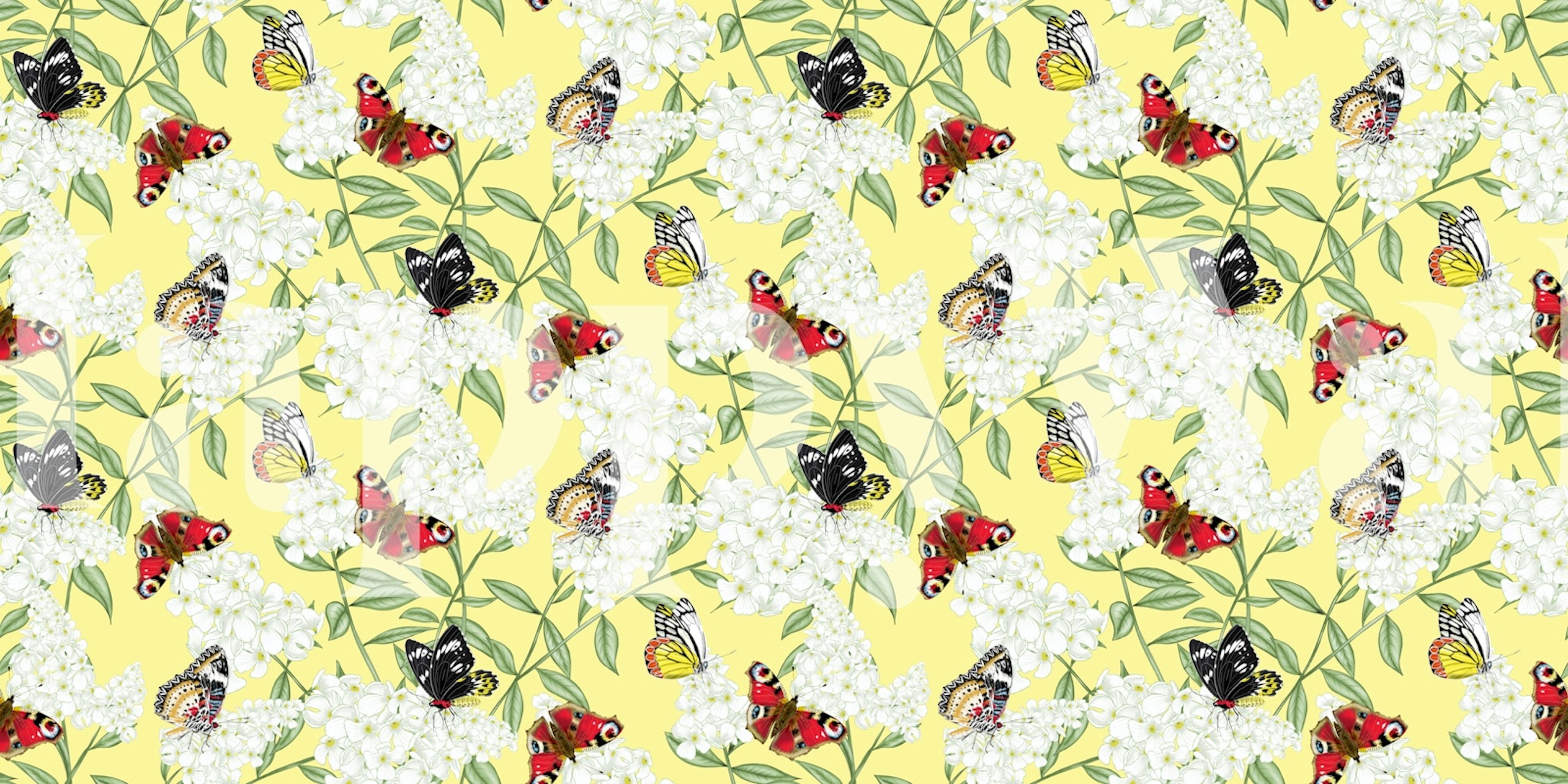 Butterfly and white floral pattern on yellow background wallpaper