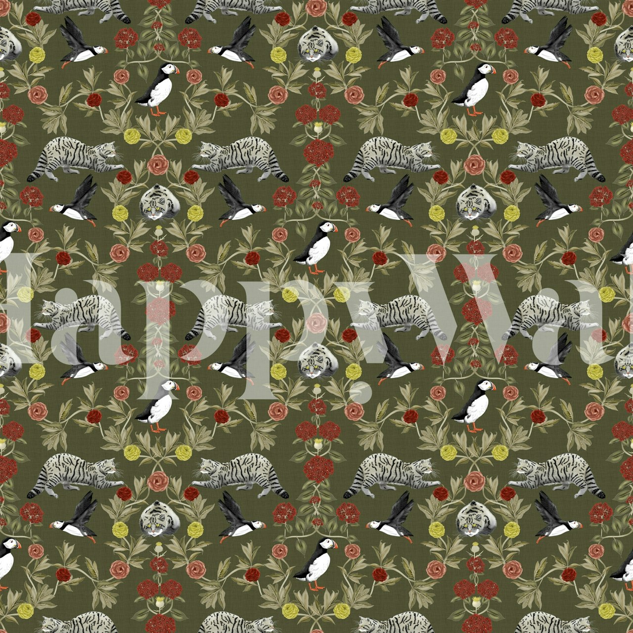 Wildcats and puffins surrounded by flowers and leaves on dark green wallpaper