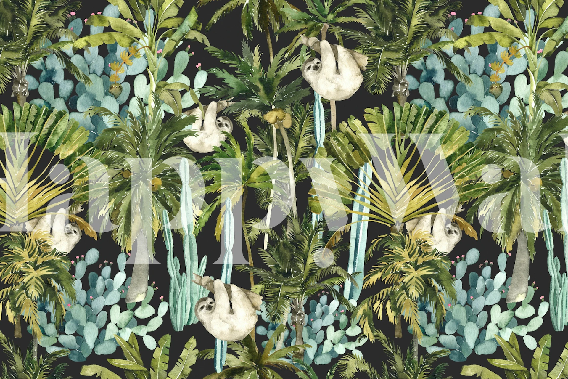 Dense rainforest wallpaper with sloths and cacti