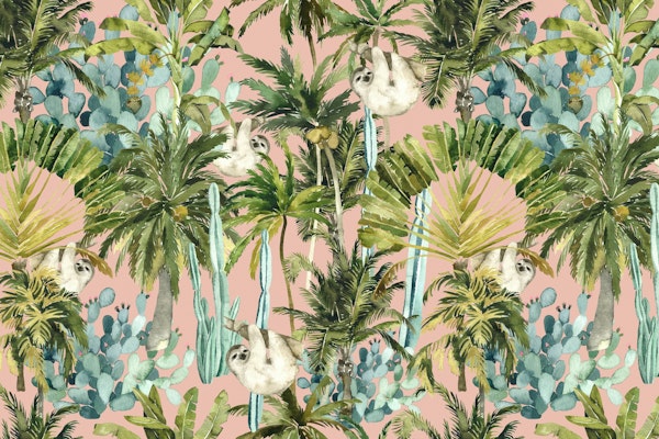 Sloths in a Lush Palm & Cactus Grove