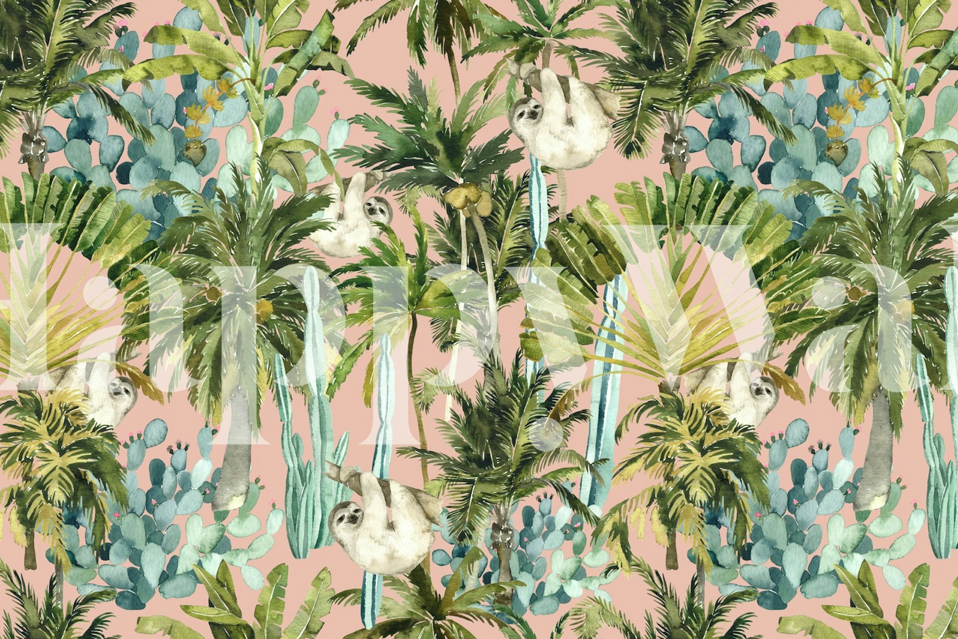 Väggpapper med sloths och tropiska växter