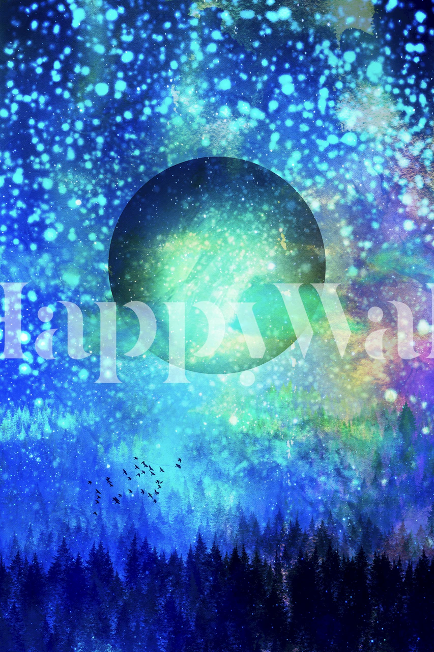 Celestial forest design with blue and green hues, starry background wallpaper