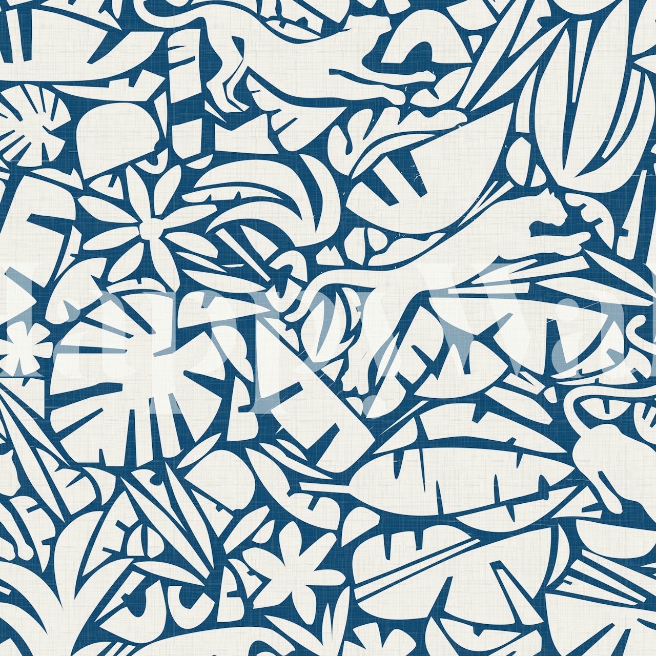 Tropical jungle wallpaper featuring animal cutouts in blue and white