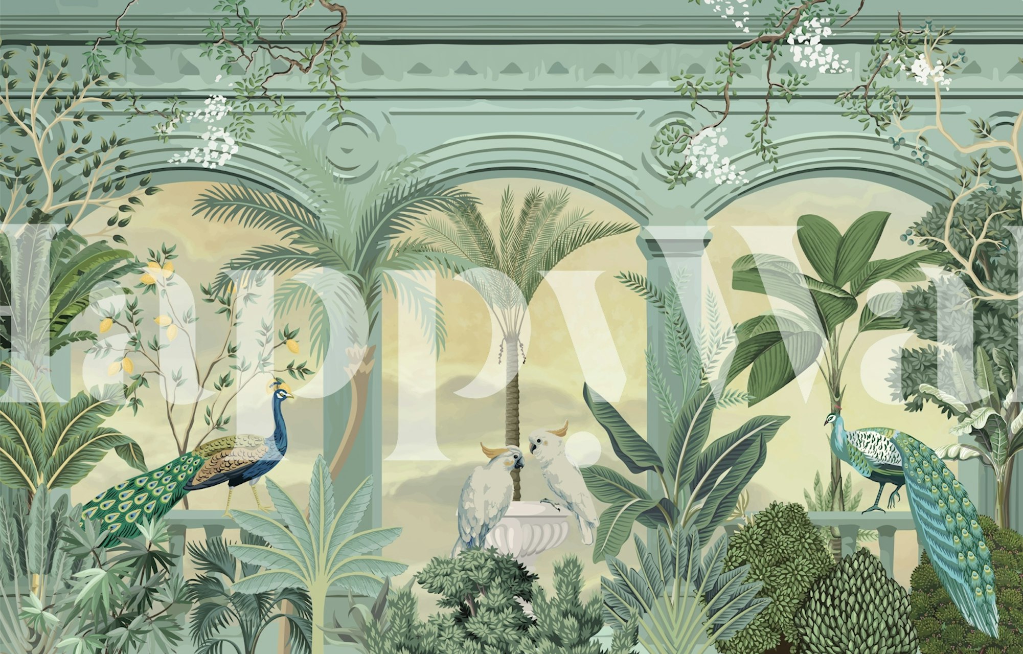 Tranquil Peacock Palace wallpaper in a room