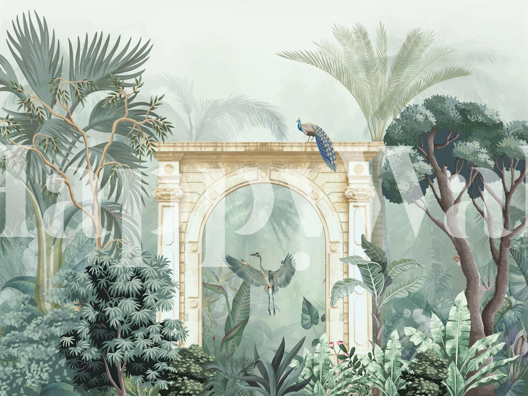 Mughal Garden Peacocks wallpaper featuring lush greenery and peacocks with a vintage arch, botanical style.