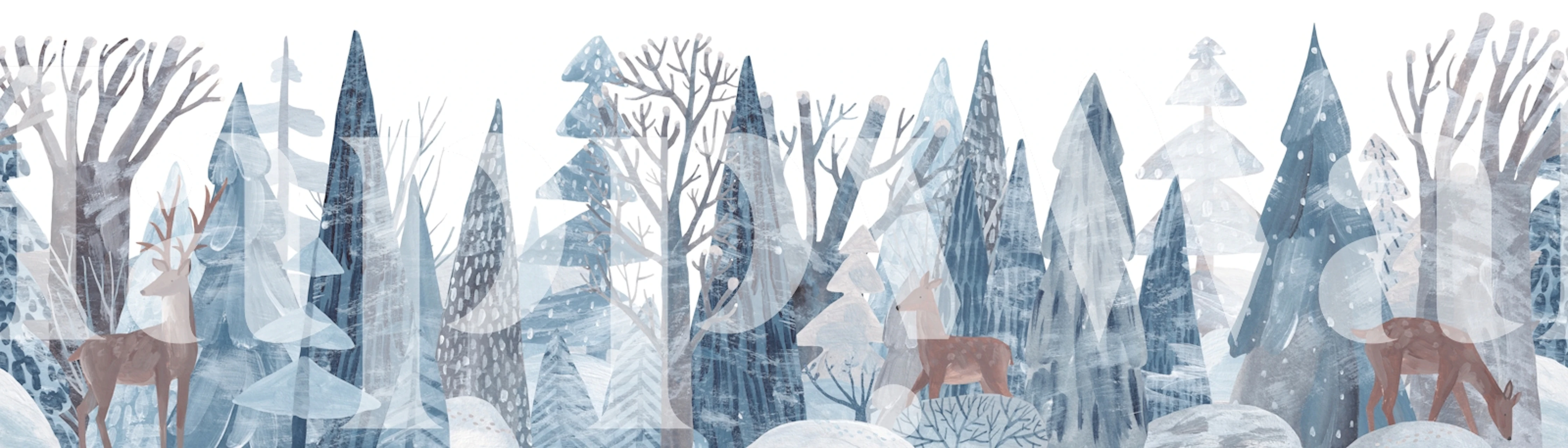 Woodland scene with deer in blue tones wallpaper