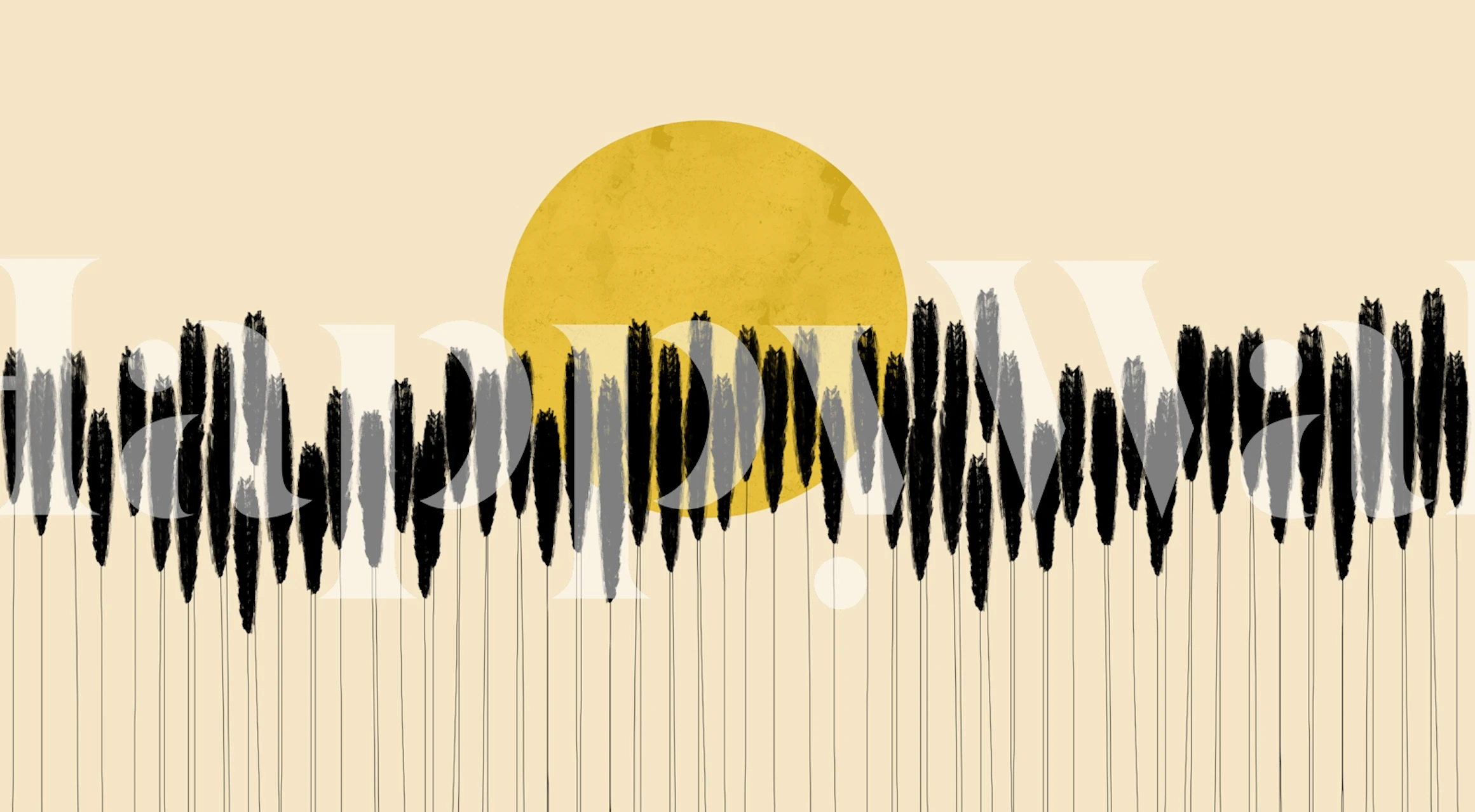 Minimalist wallpaper featuring a yellow sun and black floral silhouettes