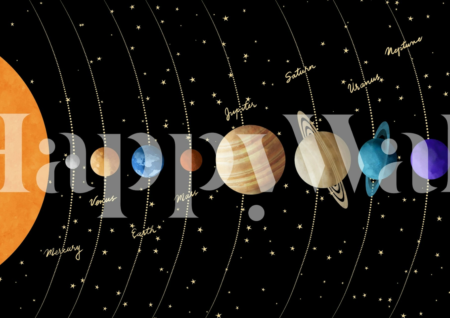 Celestial solar system wallpaper in a room