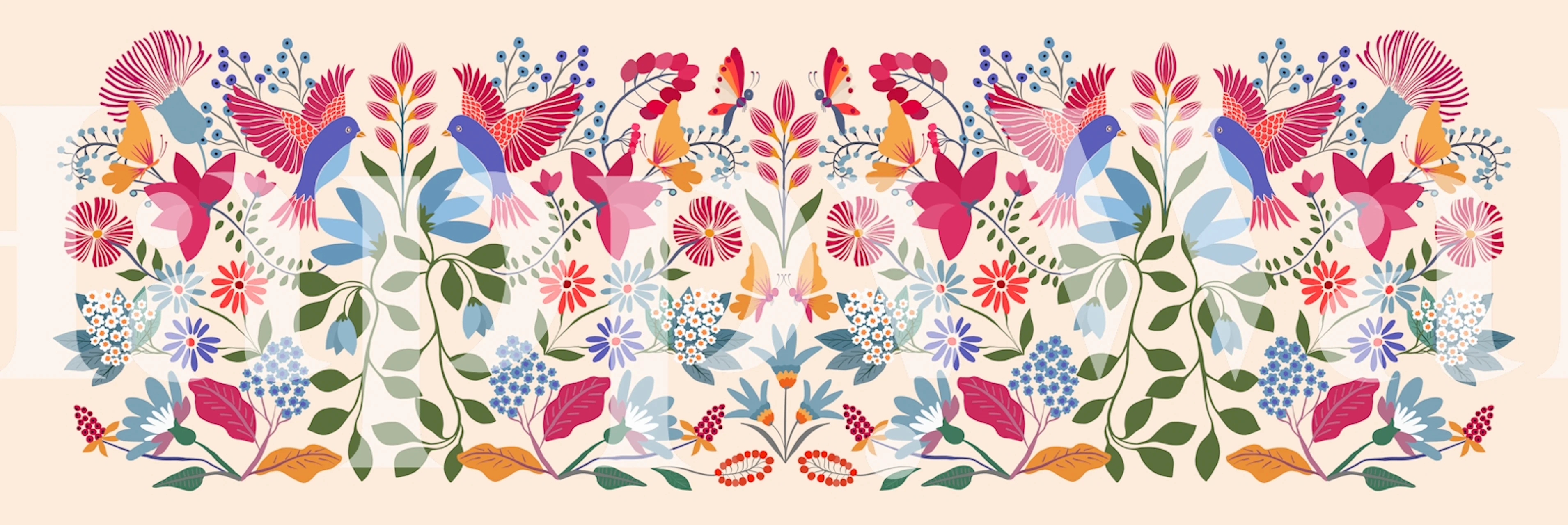 Colorful birds and flowers on beige background wallpaper