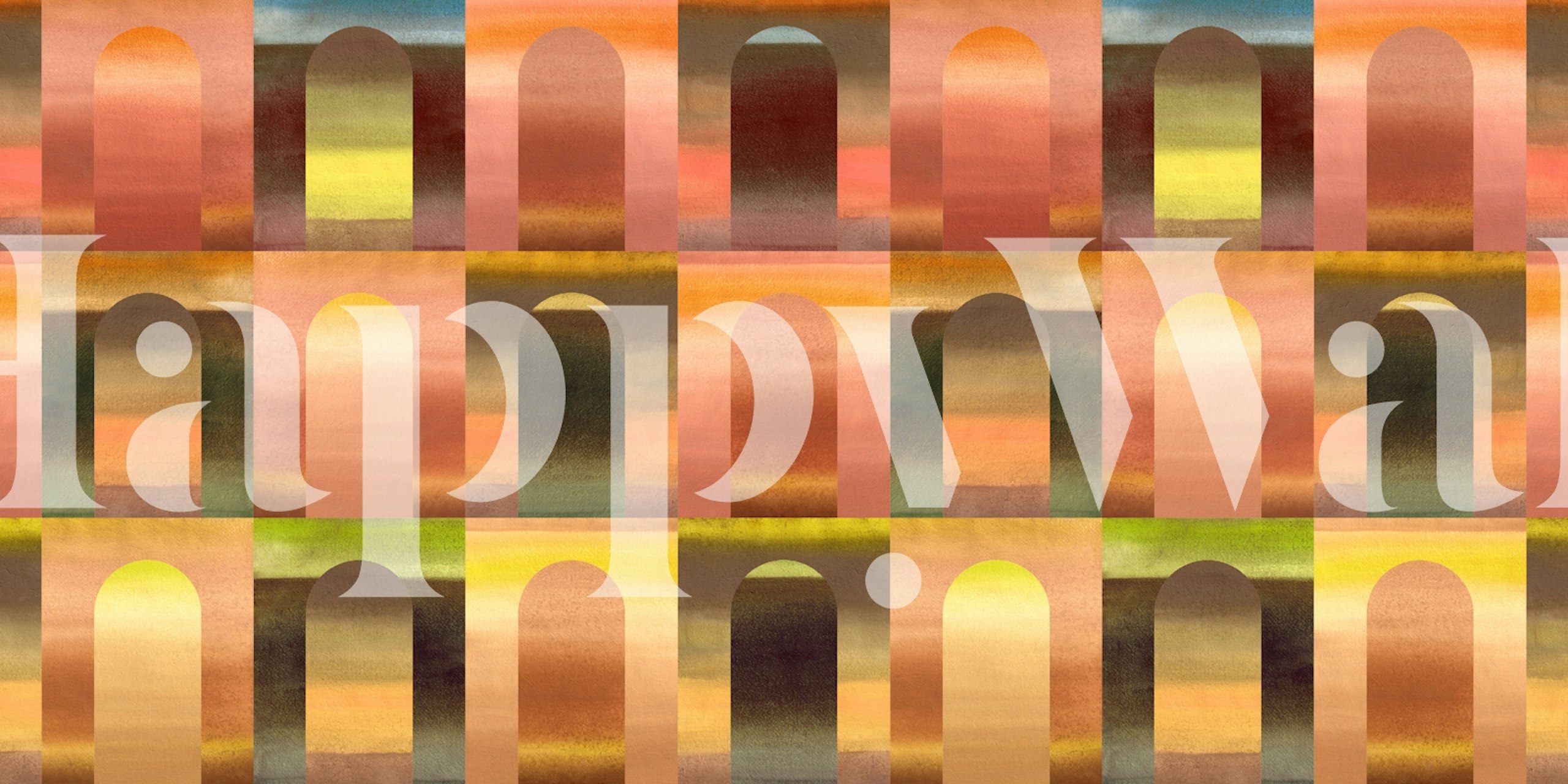 Colorful archway pattern in warm tones of orange, brown, and green wallpaper