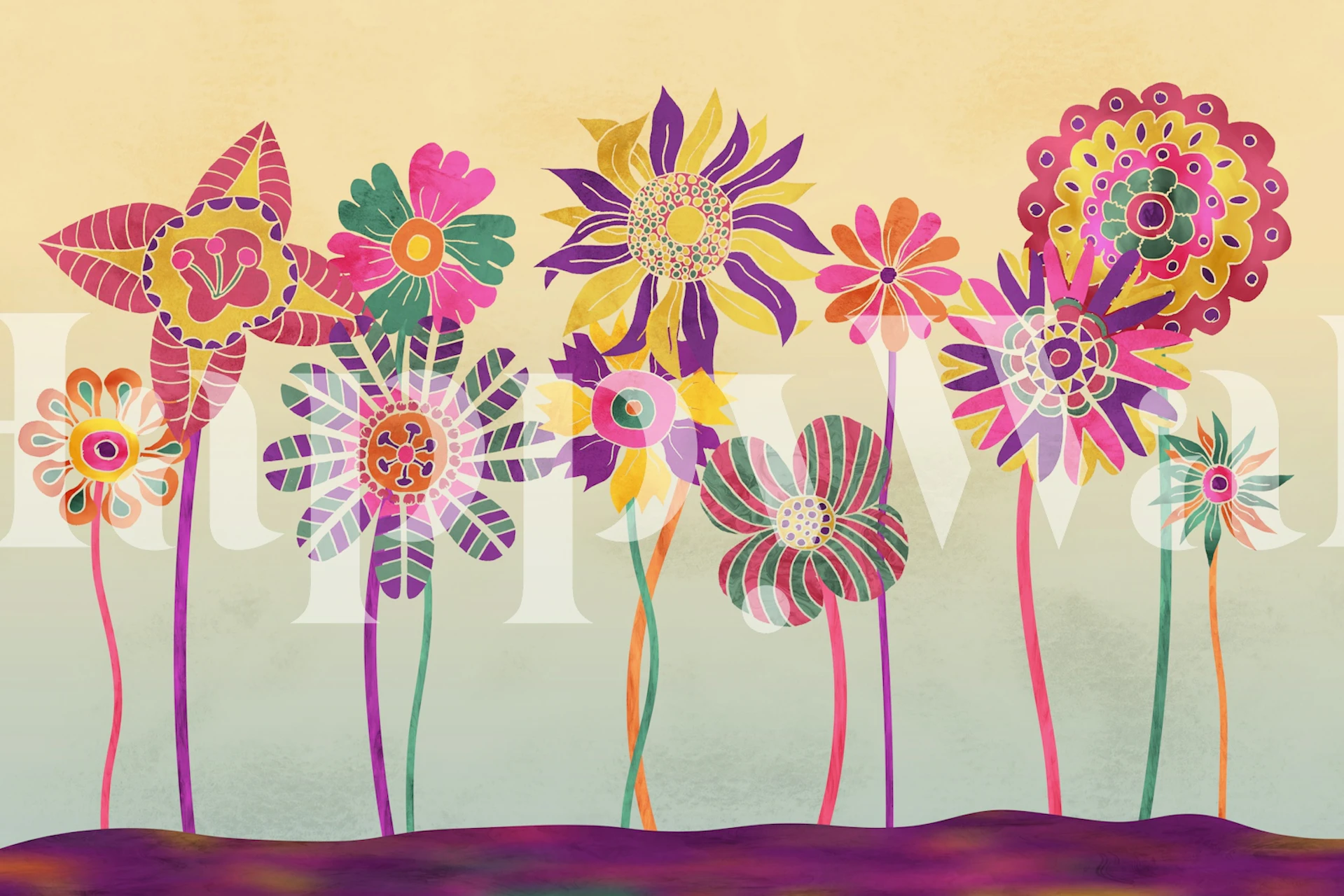 Colorful whimsical flowers with pink and yellow hues wallpaper