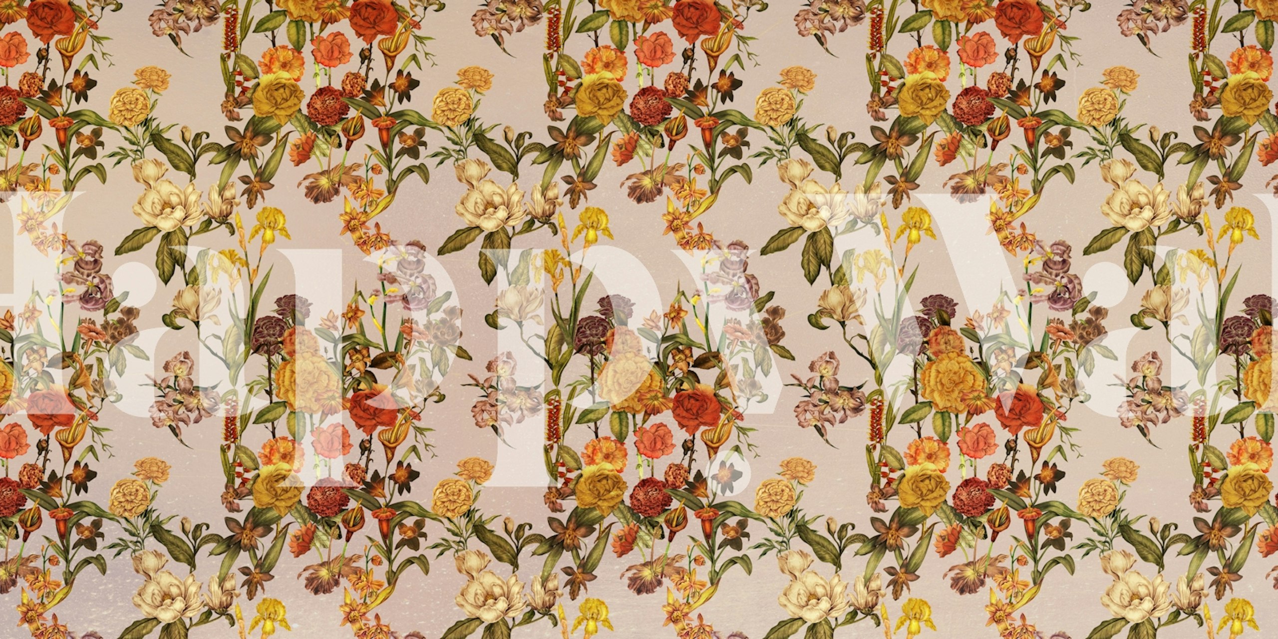Vintage floral wallpaper with warm colors, featuring roses, irises, and daisies on a soft background