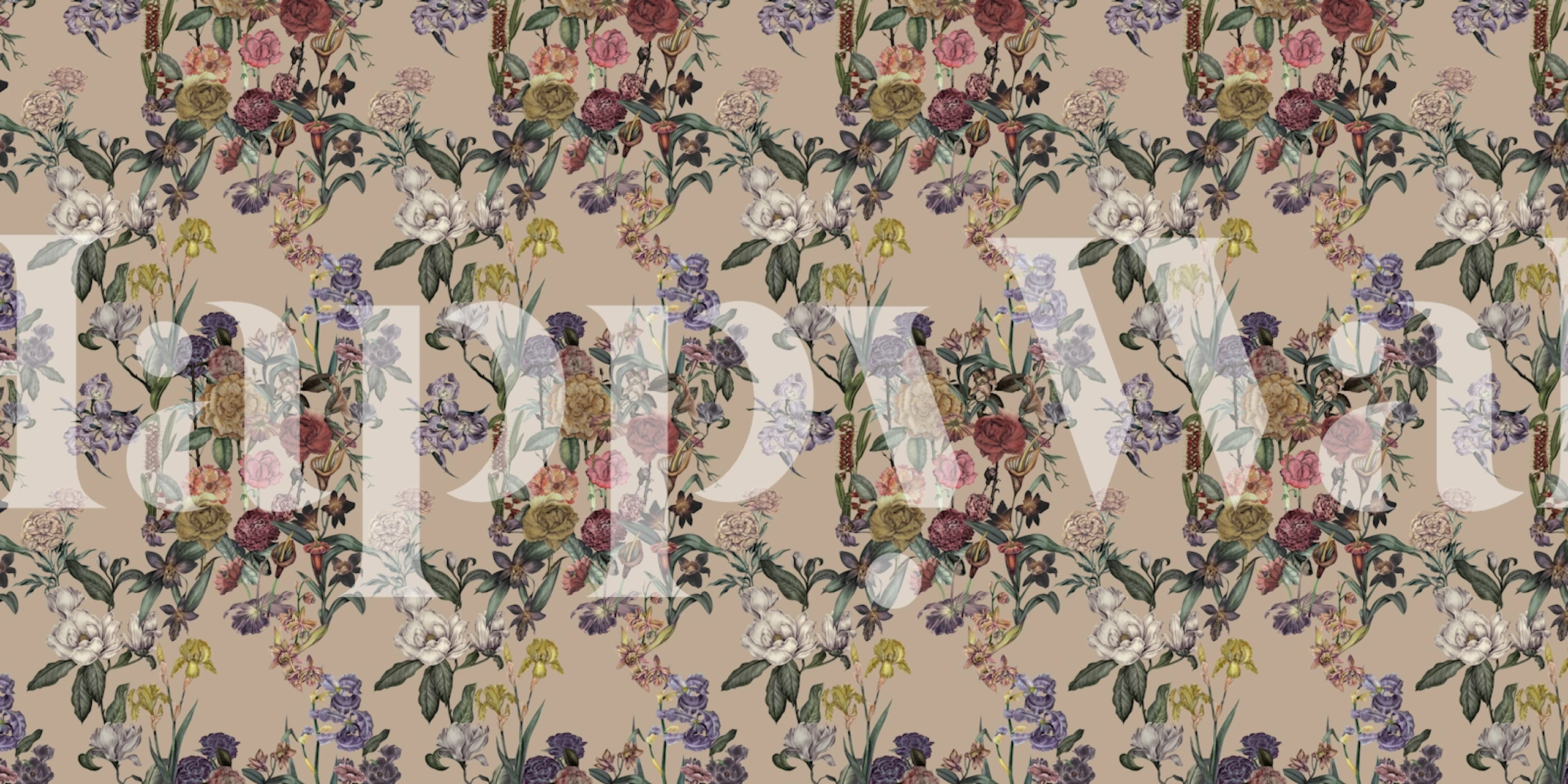 Vintage botanical floral pattern in pink, yellow, and green tones on beige wallpaper