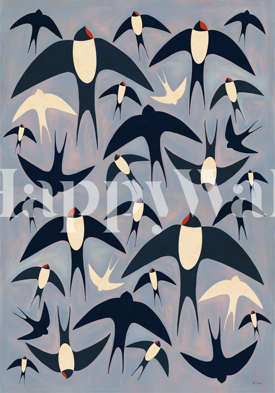 Swallows flying wallpaper displayed in a room