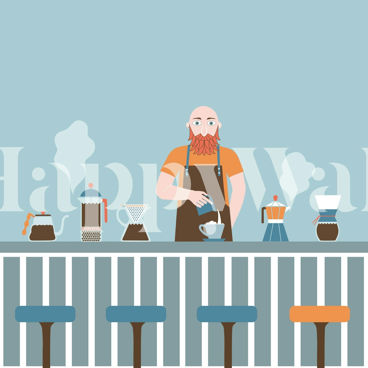 Illustrated coffee barista working behind a counter in light blue wallpaper