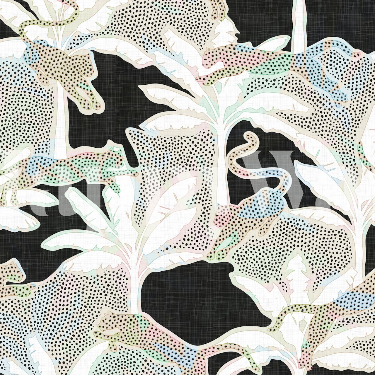 Leopards and palm leaves in pastel colors on black background wallpaper