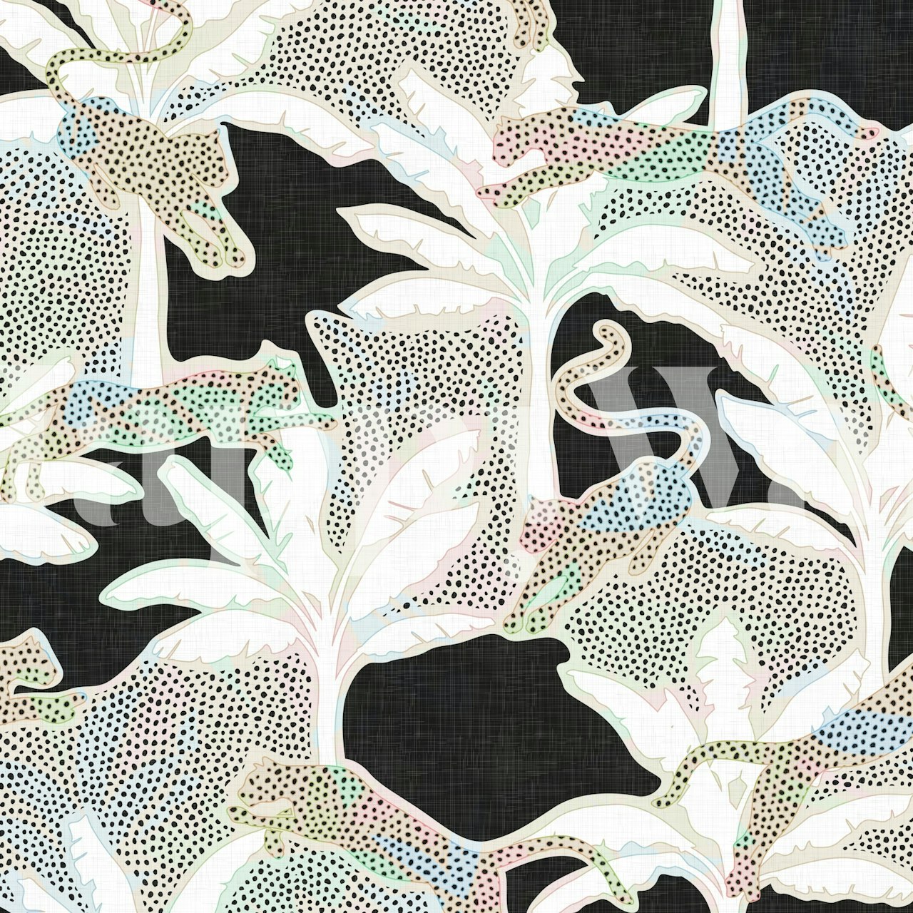 Leopards and palm leaves in pastel colors on black background wallpaper