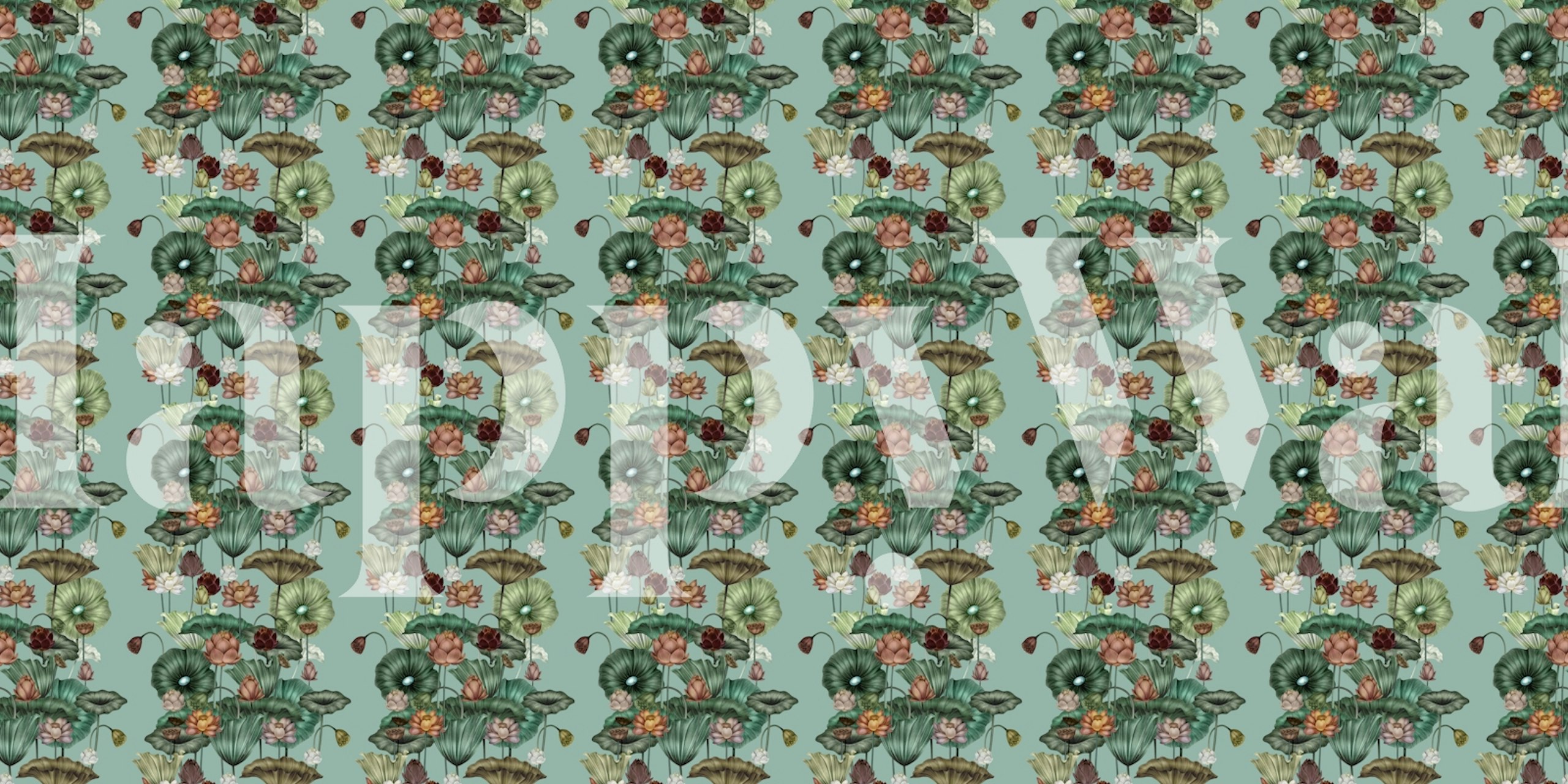 Lily flowers and leaves in varying colors on a mint green background wallpaper