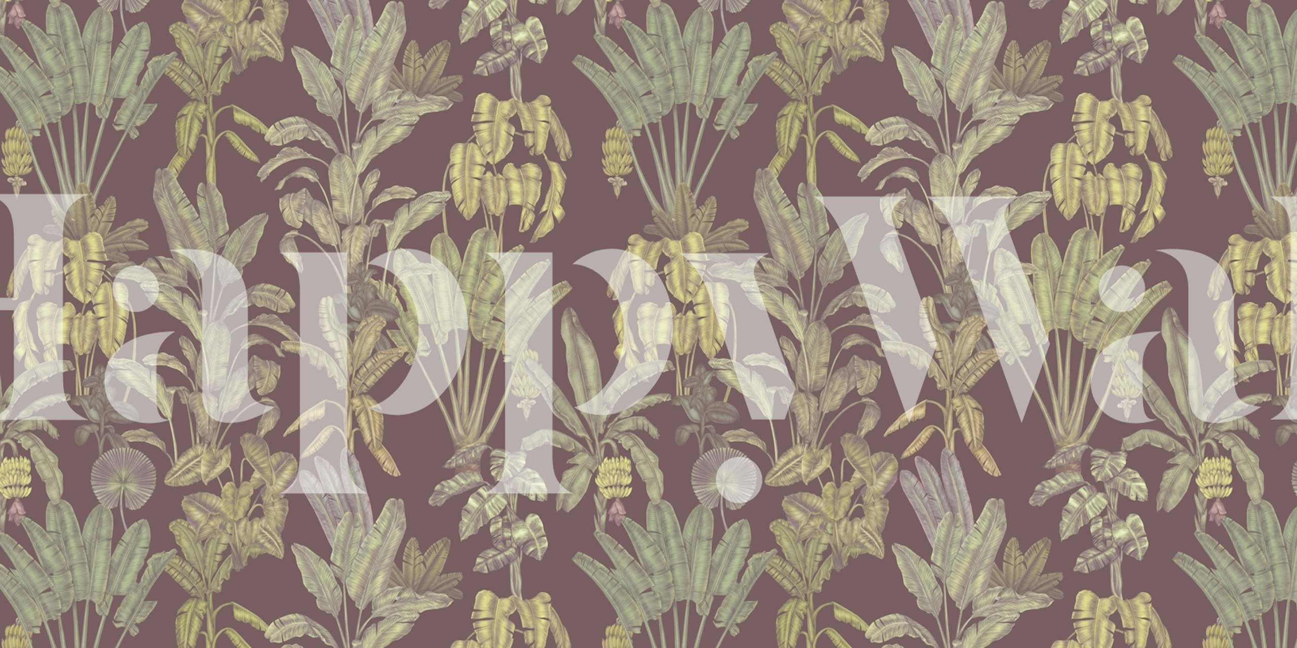 Tropical banana plant wallpaper with various green foliage on a purple background