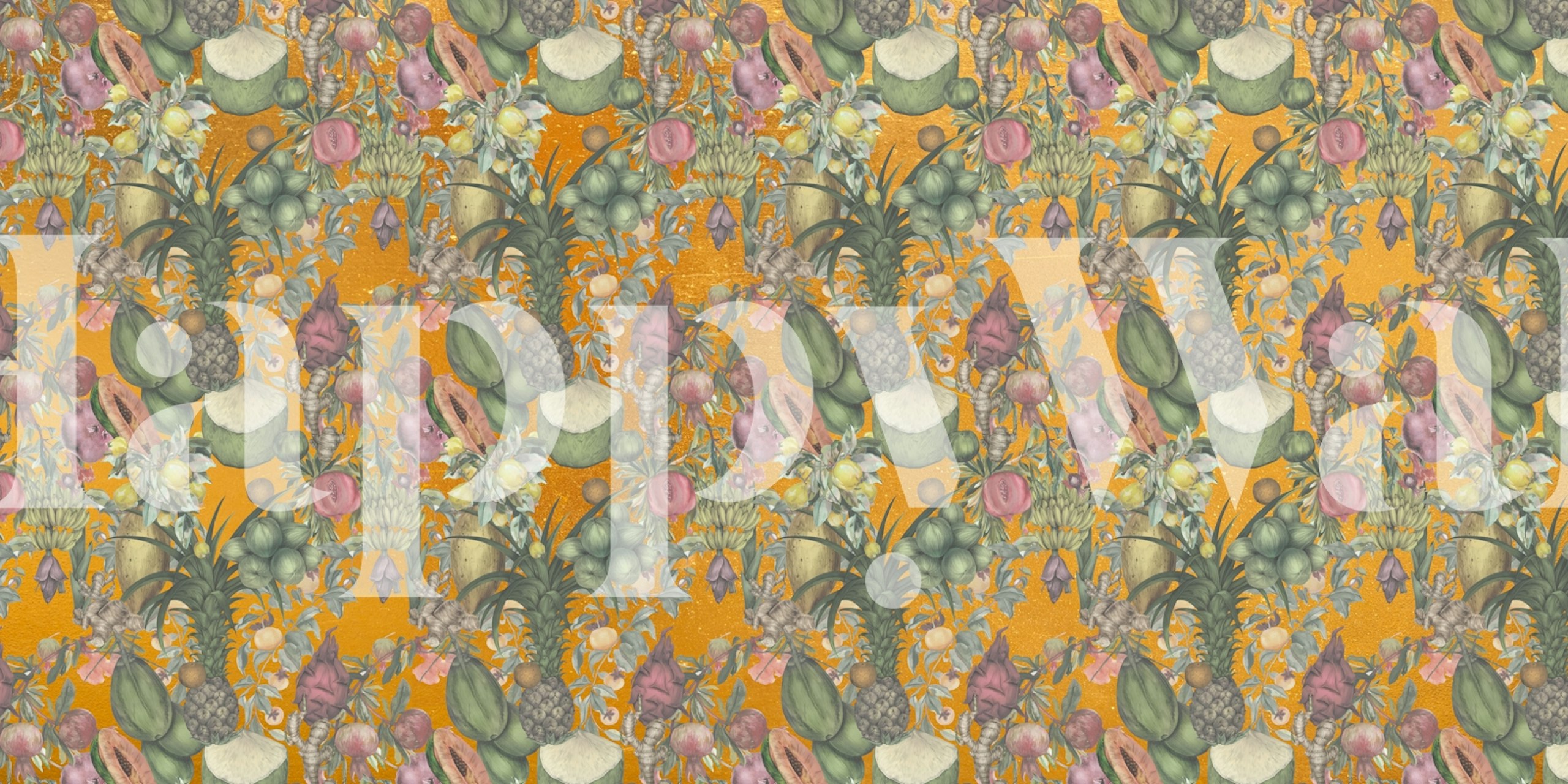 Colorful tropical fruits and flowers on orange background wallpaper