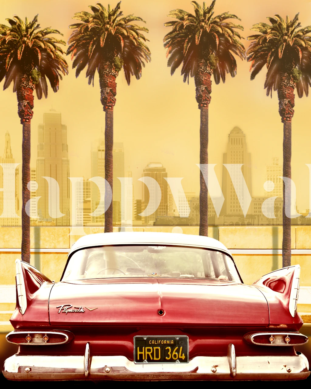 Vintage car with palm trees silhouettes against yellow sunset wallpaper