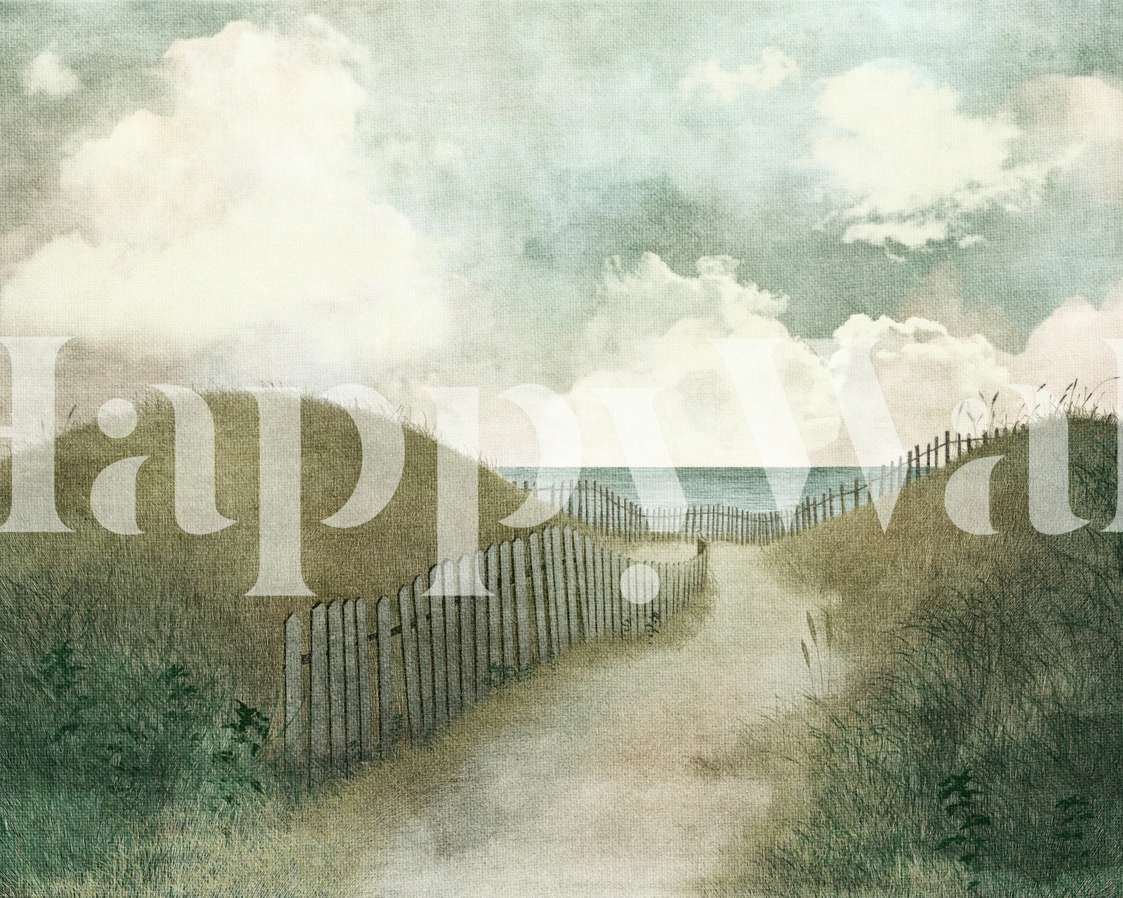 Coastal path leading to the ocean, cloudy sky, vintage-style wallpaper